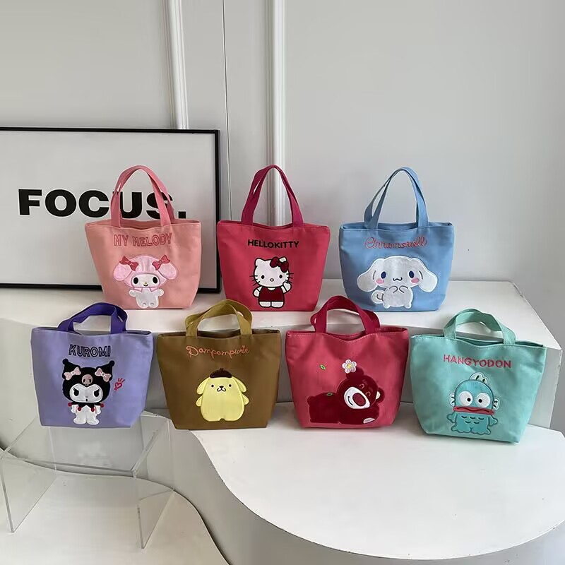 Sanrio Melody Big Eared Dog Canvas tote Bag, hand-held bag, student bento Bag, Lunch Box Bag, Summer export Edition