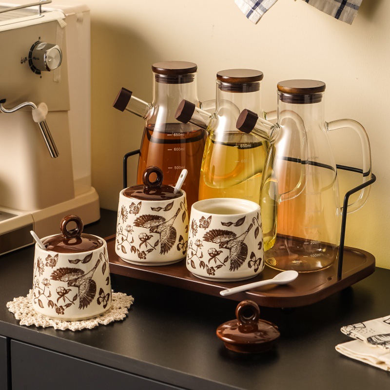 ins Seasoning Bottle, seasoning box, glass oil pot, household kitchen ceramic seasoning jar with lid, soy sauce bottle combination set