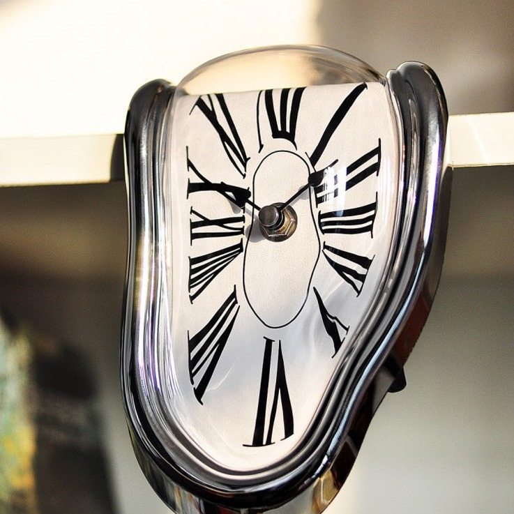 Creative pedestal twisted clock, melting clock table corner clock, Roman numeral clock, right-angle retro deformed time clock Application Scenario