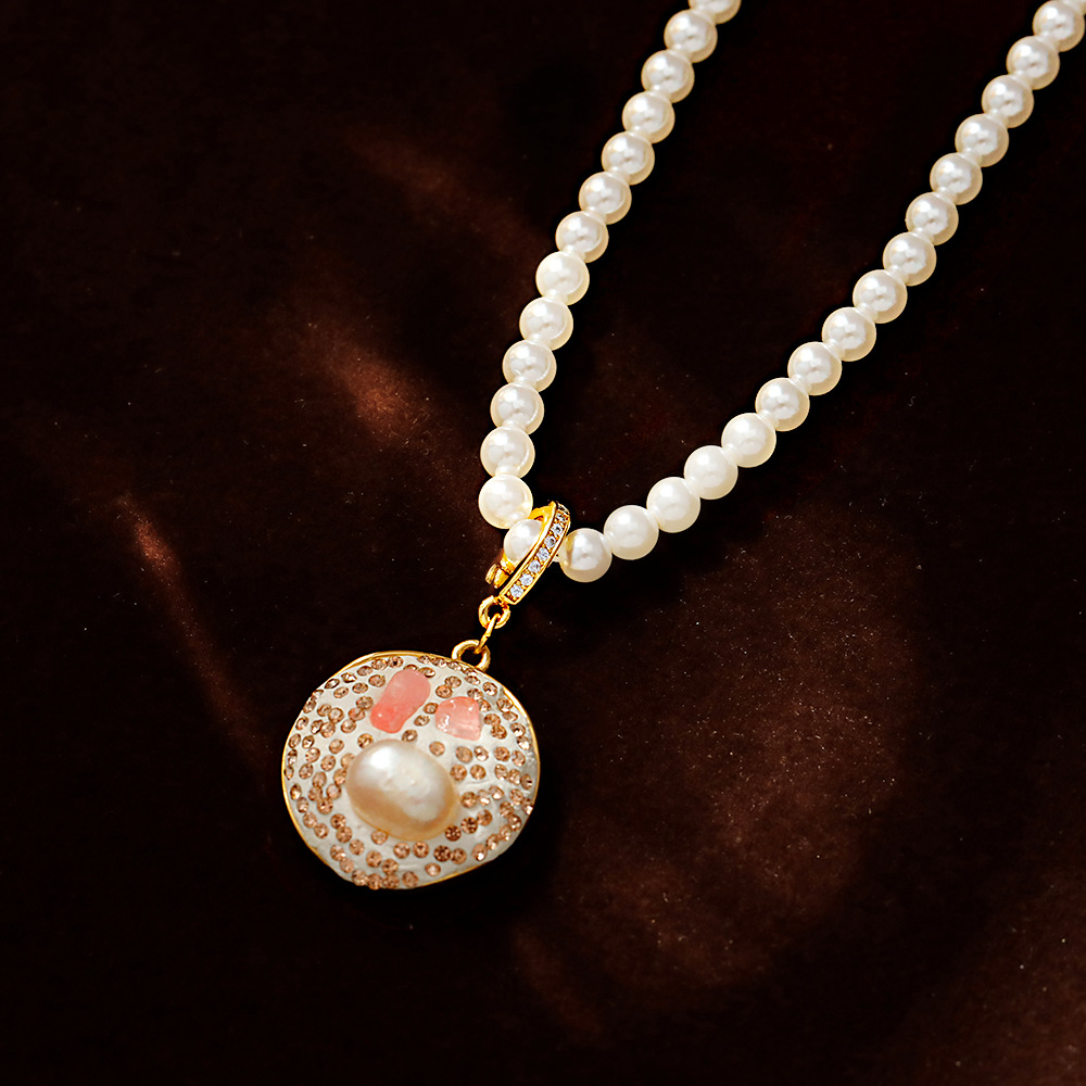 Hyacinth round pearl necklace, women's fashion, light luxury, pink all-purpose pendant, new Chinese style, super ethereal charm, enamel drop glaze