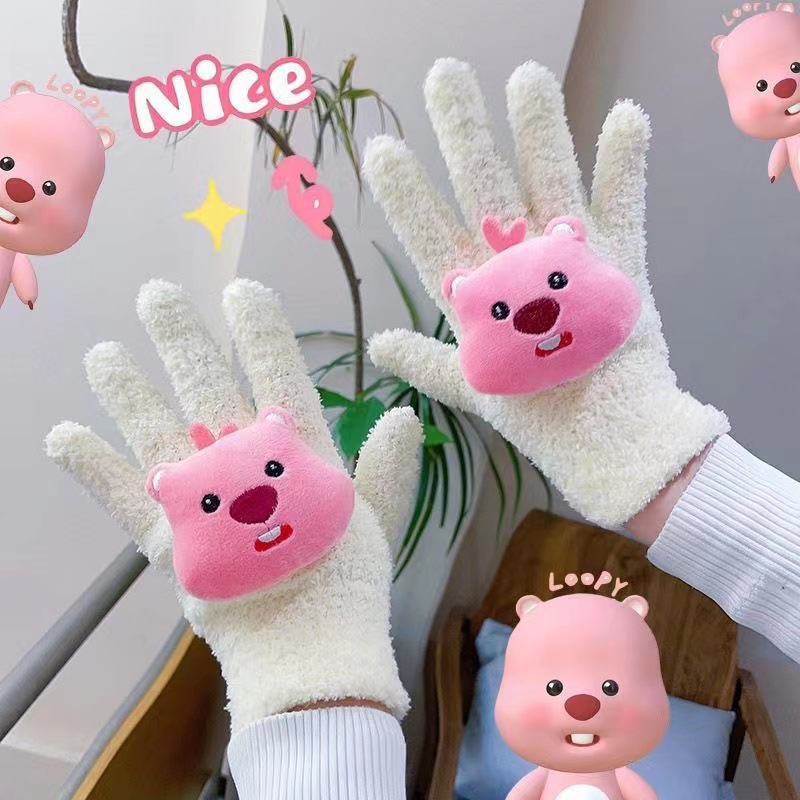 New cute little beaver loopy plush gloves, coral fleece student cycling finger gloves, women's winter warmth