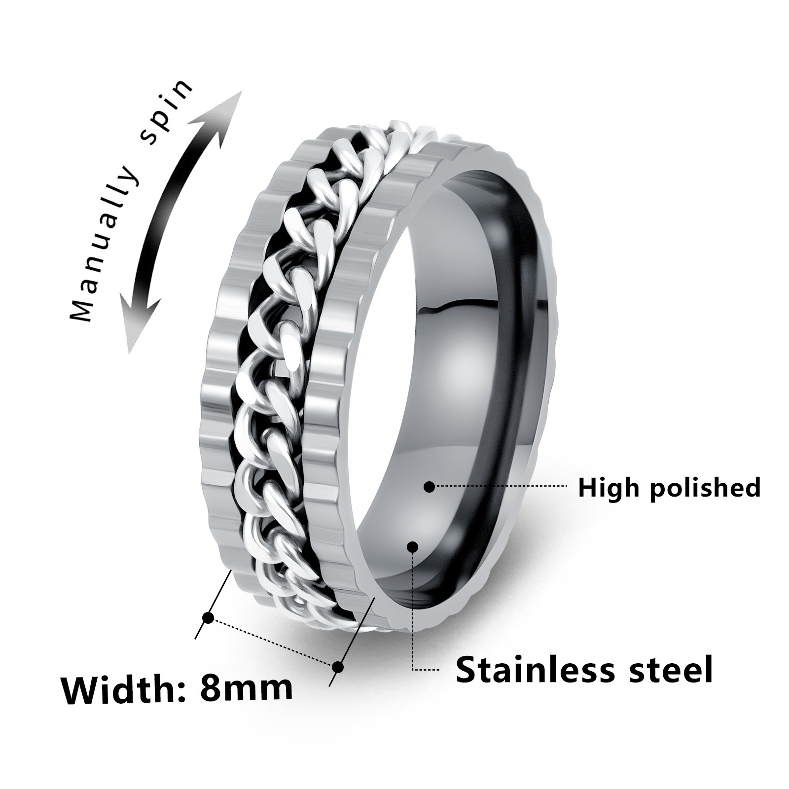 Wholesale of new cross-border European and American men's titanium steel chain rotating rings in 12-color full-color stress-relieving accessories Item Picture