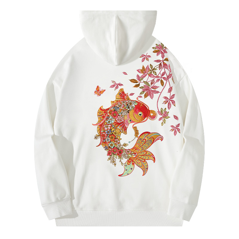 A heavyweight koi fish embroidered hooded sweatshirt for men, a Chinese-style long-sleeved, retro and loose casual top that adds the finishing touch details Picture