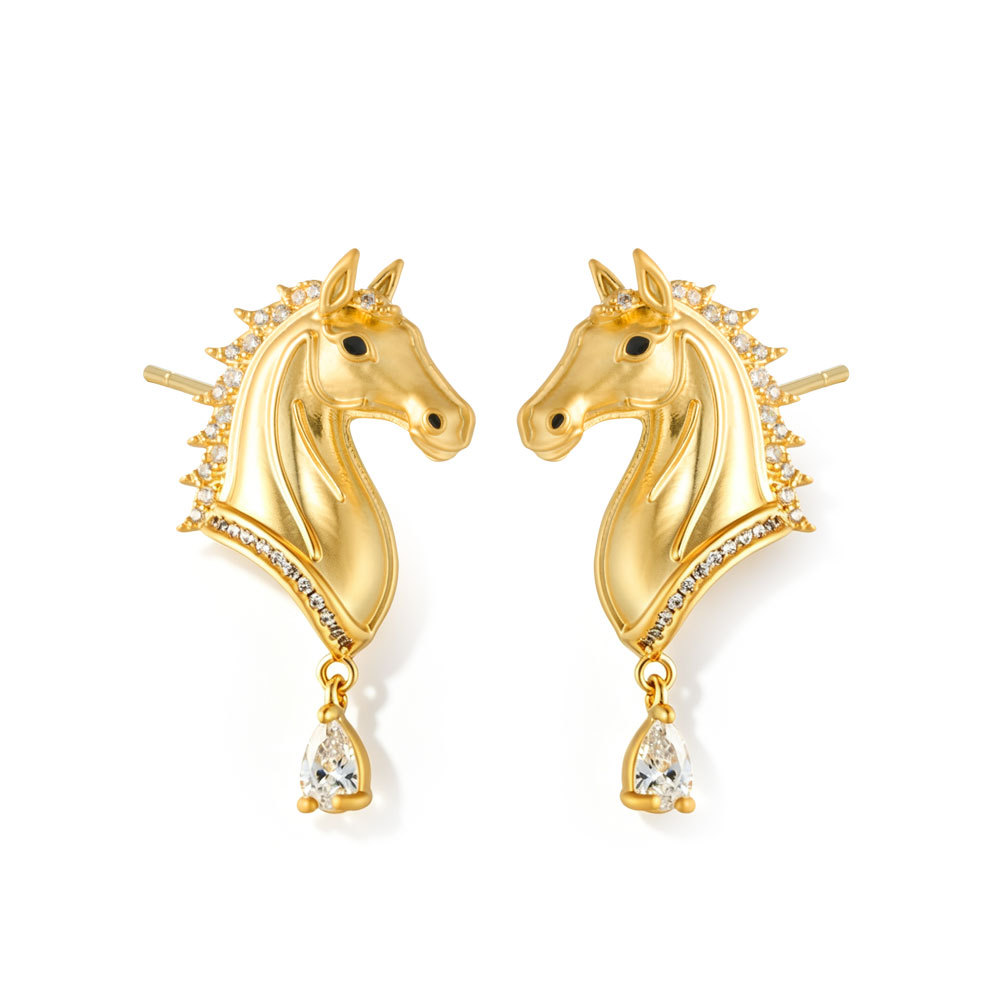Estallido de estilo stereo steed cabeza de caballo earras aleación de cobre oro real chapado con zirconia S925 plata aguja earros premium sense earpieces Item Picture