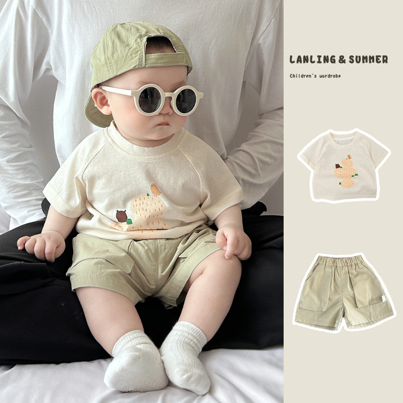 Baby summer short-sleeved set, Korean-style cool boy cartoon print casual thin T-shirt, baby versatile shorts