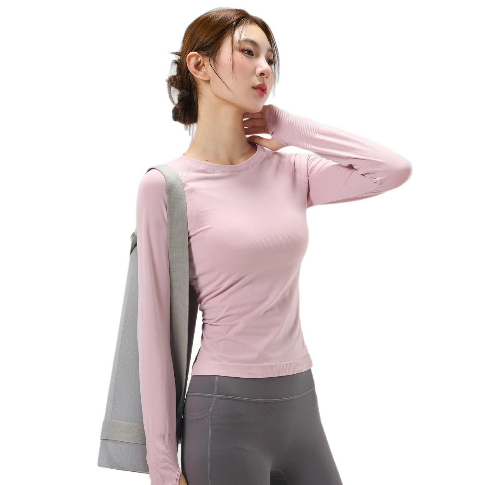 Yoga wear top for women in autumn and winter, round neck, tight height, elastic and slimming, long-sleeved sports, running, quick-drying training and fitness wear Item Picture