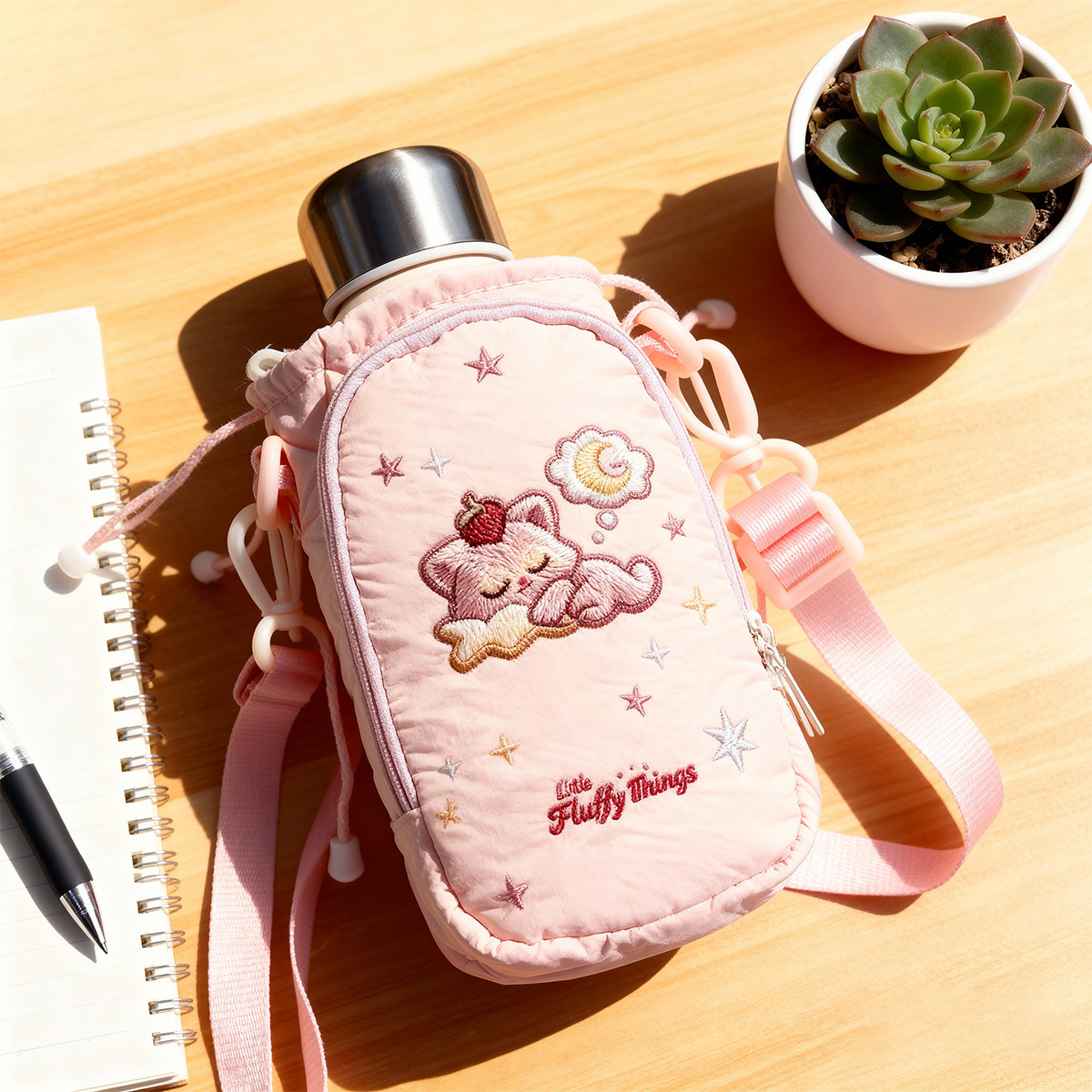 2025 New Love Cartoon Water Cup Storage Bag for Students and Girls, portable external hanging canvas cup sleeve details Picture