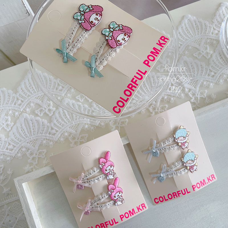 New Korean-style cartoon double lace bye-bye clip, handcrafted fabric children's side broken hair bangs clip, baby side clip Specification image
