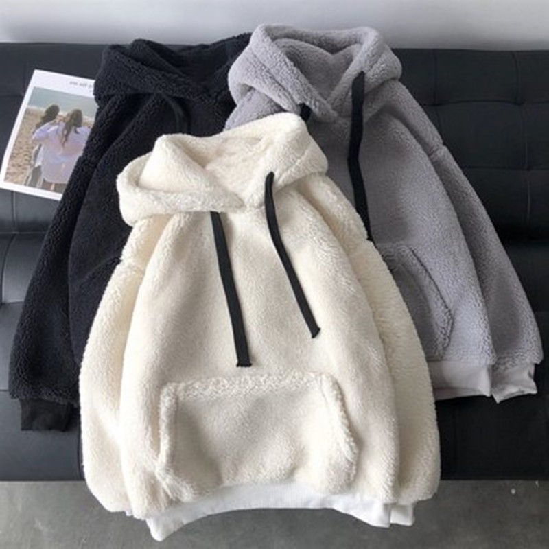 Cross-border lambskin hoodie for women in autumn and winter, ins Korean version, waitmore hooded, fleece, thick and loose jacket, sent on delivery full figure