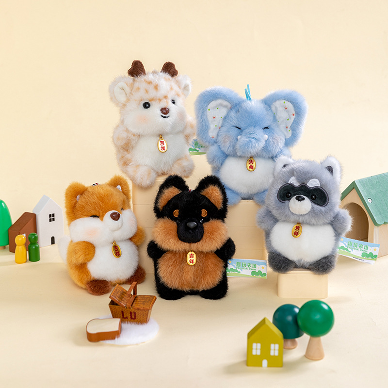 Blue elephant, grey squirrel, black and brown puppy, trendy toys, custom plush dolls details Picture