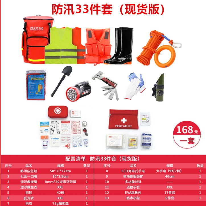 Fire rescue flood control emergency kits, equipment sets, materials, flood control, flood disaster, rainy season patrol, rescue and escape boxes, flood season Specification drawing