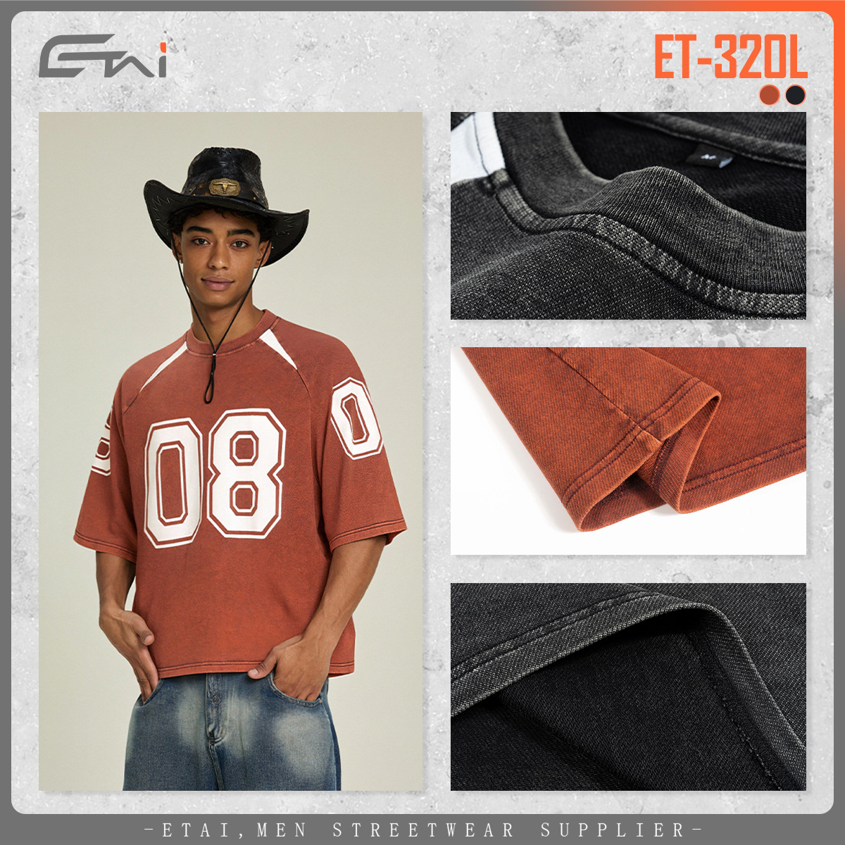 ETAI men's summer pure cotton 240G heavy-duty washed men's T-shirt, American trendy brand, youth sportswear and casual short-sleeved details Picture