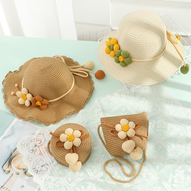 Salida al mar protección solar sombrero bolso de paja bolso tejido mujer cute 2025 nuevo verano niños crossbody bolso tejido