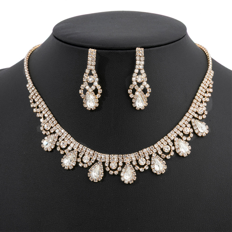 A two-piece set of luxurious and exaggerated diamond-encrusted water drop necklace and earrings from Europe and America, featuring a retro full diamond and water diamond design. Cross-border hot sales wholesale details Picture