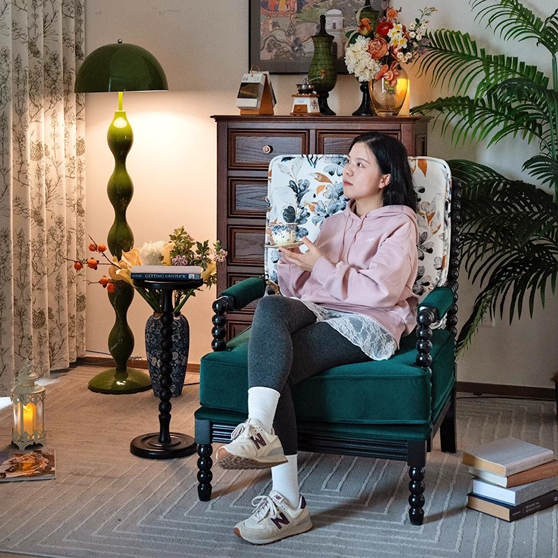 星辰工厂批发美式复古单人沙发椅老虎椅阳台轻奢躺椅实木中古风客厅法式休闲凳