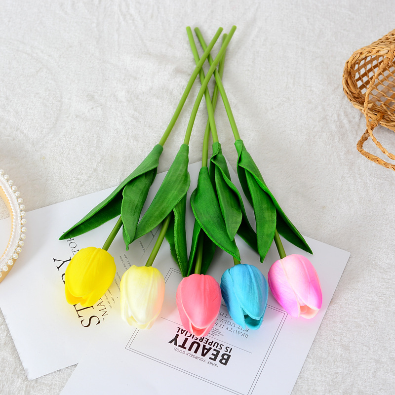 Tulip artificial flowers, cross-border wedding, home, hotel decoration, soft furnishings, mini pu hand feel artificial flowers, artificial plants Specification image