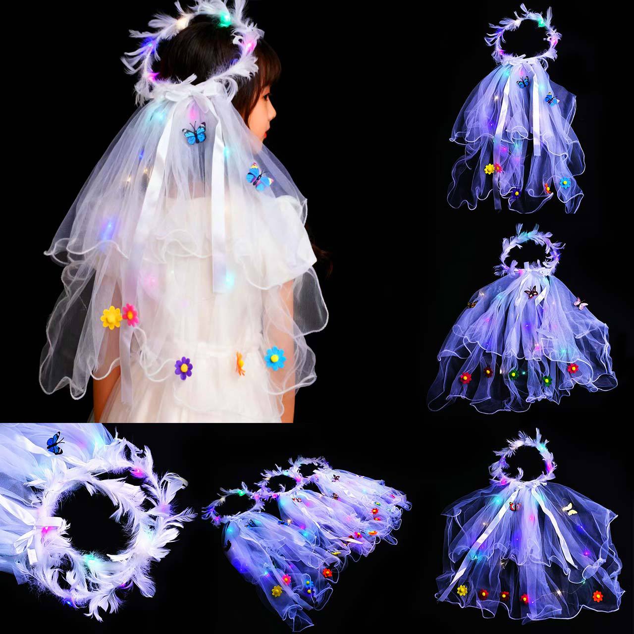 儿童发光双层头纱发箍女童演出头饰生日装扮鹅毛花环头箍夜市热卖