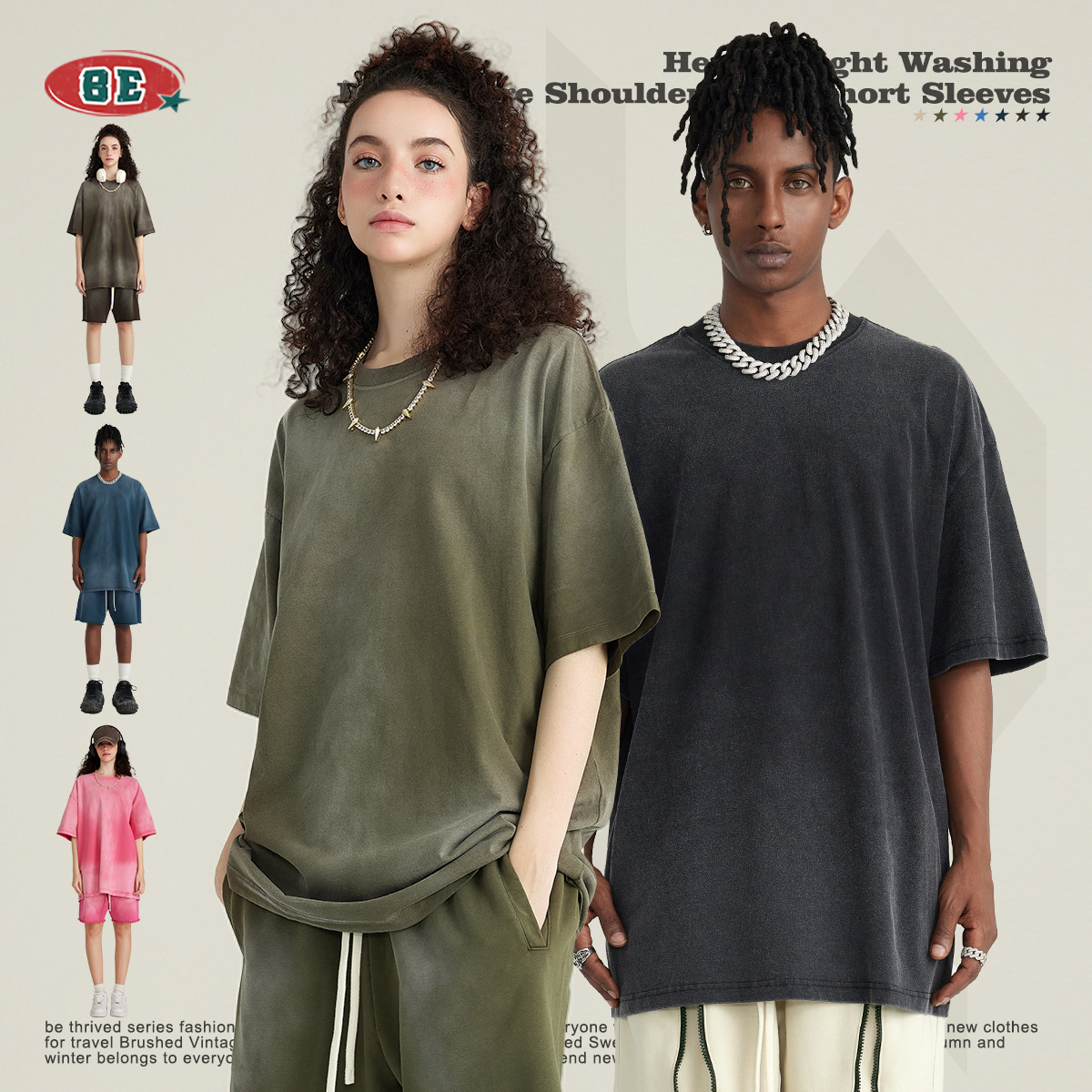 BE Men's 2025 Spring/Summer Youth Pure Cotton round-neck washed short-sleeved American street loose gradient trendy men's T-shirt details Picture