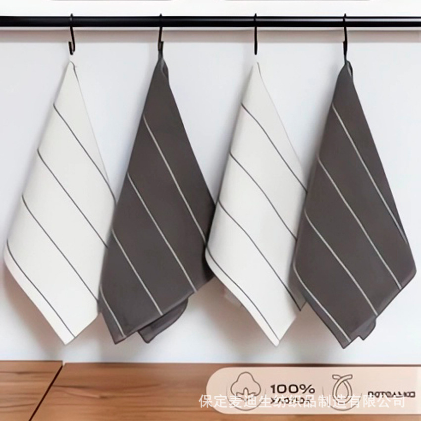 亚马逊热销纯棉条纹厨房方巾毛巾套装易清洁带挂钩格子纹方巾批发