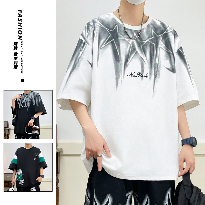 American tie-dyed T-shirt men's short-sleeved print summer new trendy, cool and stylish, loose and versatile half-sleeved men's top