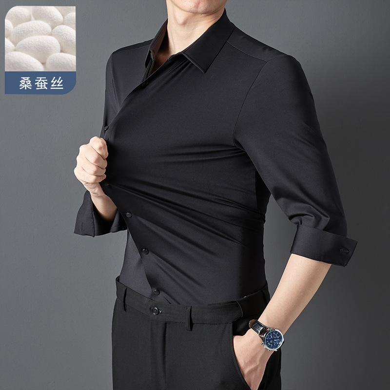 Spring and Autumn's new mulberry silk shirt for men, long-sleeved, high-elasticity, wrinkle-free and light luxury business casual cross-border shirt Specification image