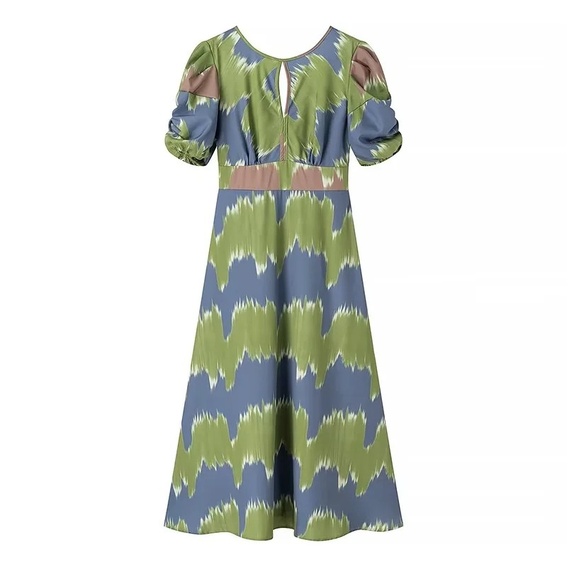 2073 European and American women's wear 2024 Summer New Round Neck Printed Tie Dress Application Scenario
