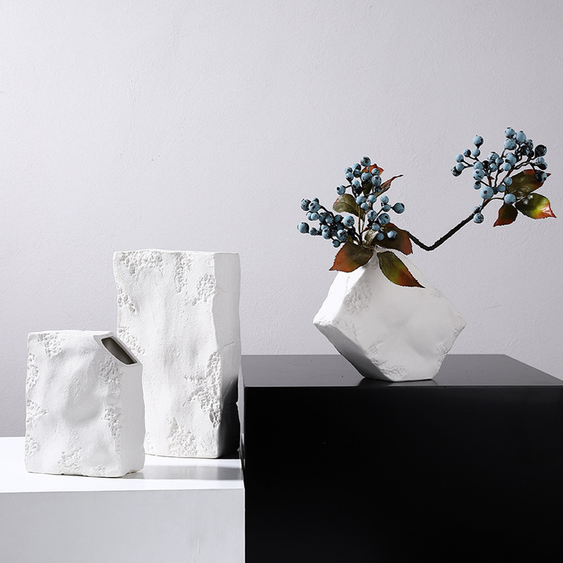2025 High-end black and white texture square stone vase combination display, living room wine cabinet, dried flower arrangement, soft decoration handicraft Specification image