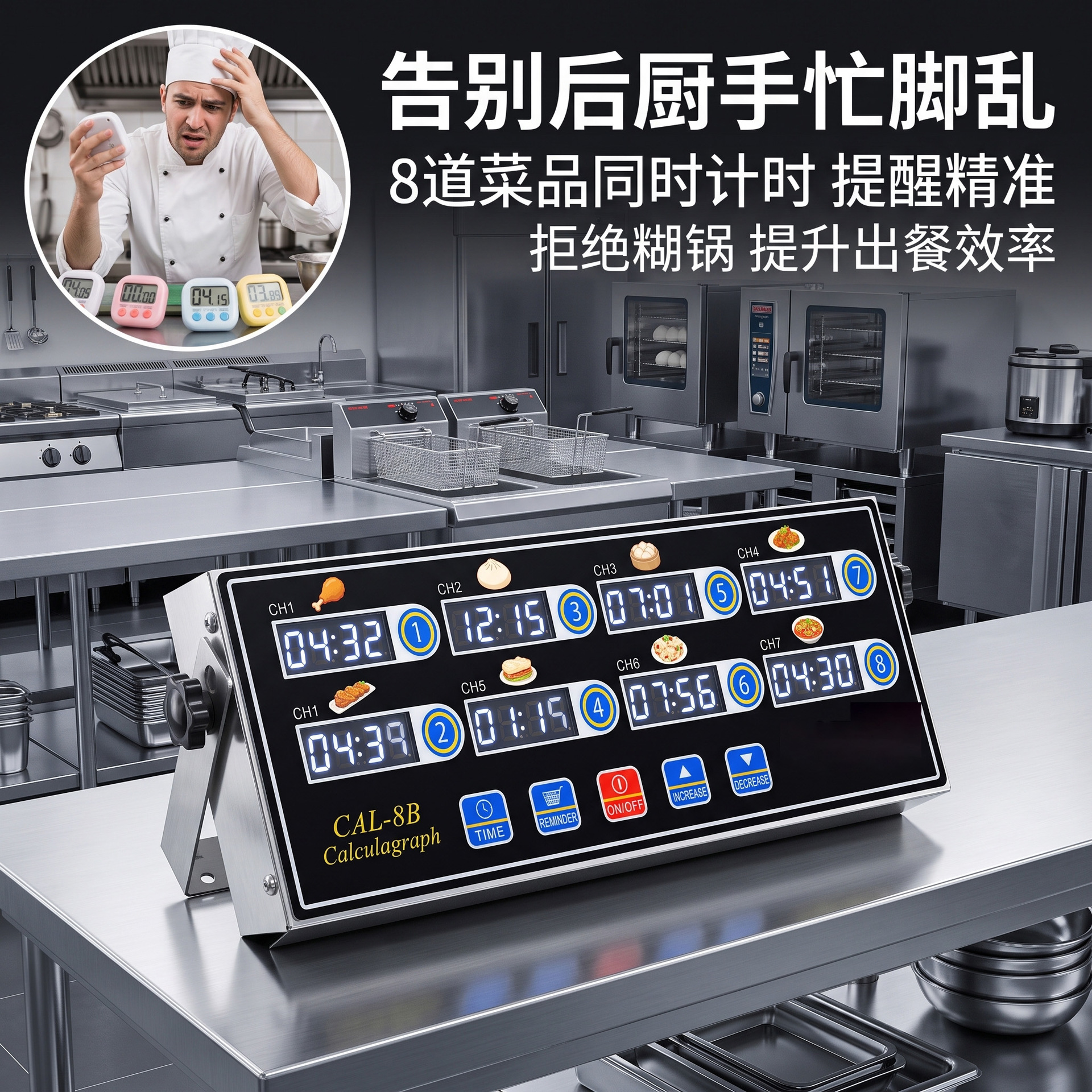 Commercial 8-channel kitchen timer, independent digital display timing device for unit canteens and fast food stores details Picture