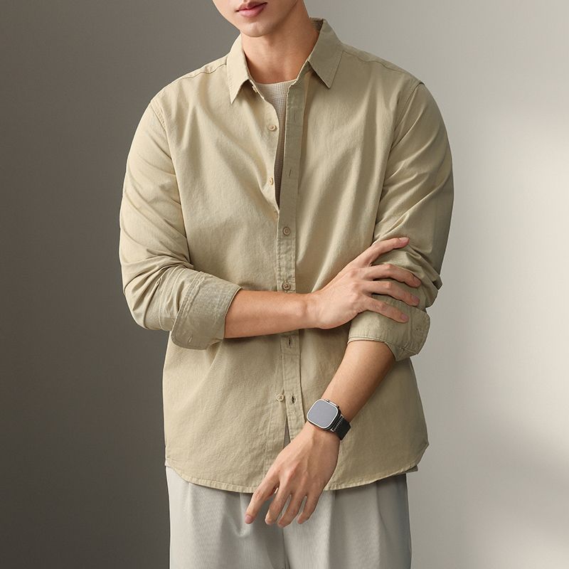 高品质纯棉长袖衬衫男士新款纯色商务休闲衬衣宽松百搭衬衫男