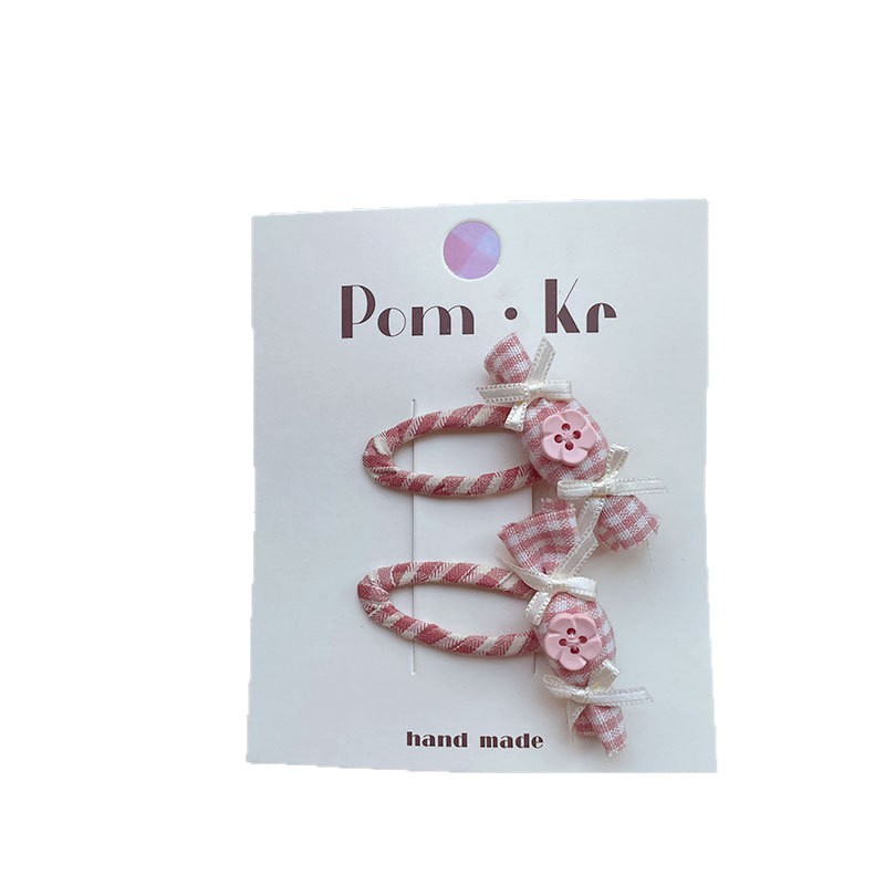 pom.kr Spring New Collection: Pink checkered bow hair clips, children's fabric side fringe hair clips Item Picture