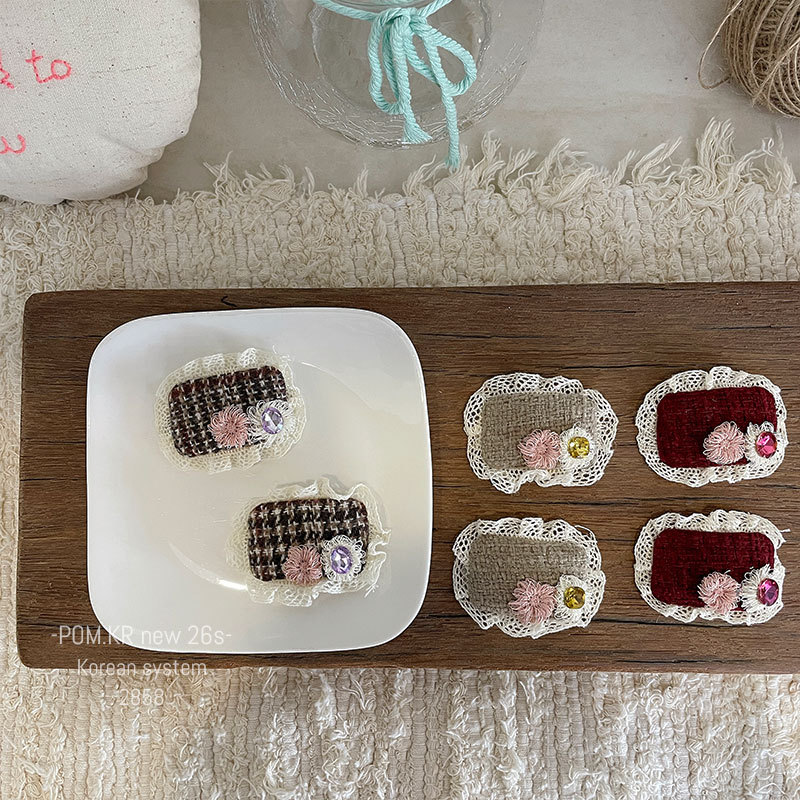 新款韩版花边布艺手作发夹儿童秋冬复古格纹侧边碎发刘海夹掰掰夹