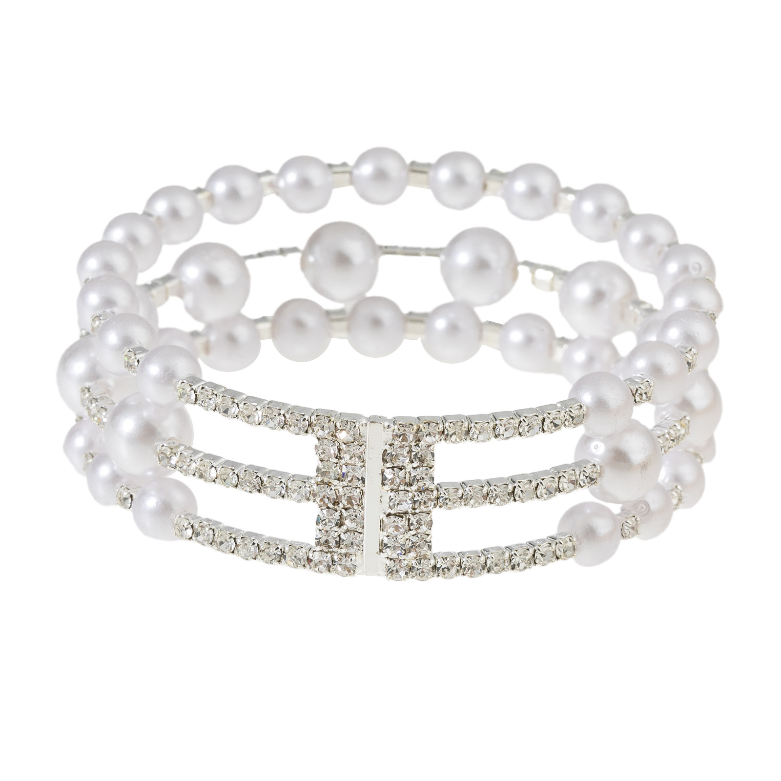 Korean-style fashionable steel wire elastic 3-row bracelet, bride's wedding water diamond pearl open bracelet, cross-border European and American elegant jewelry Item Picture