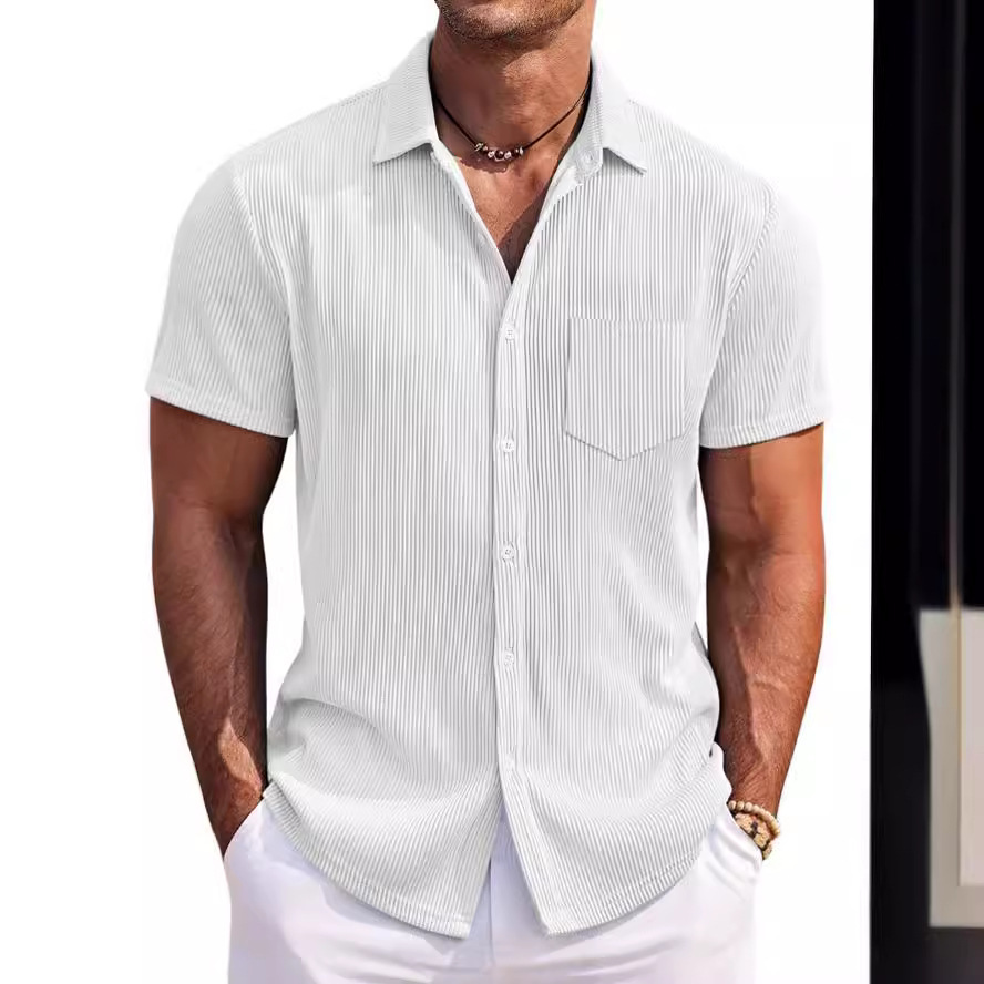 The new cross-border Amazon men's solid-color loose and comfortable vertical striped short-sleeved shirt is casual and versatile Specification drawing