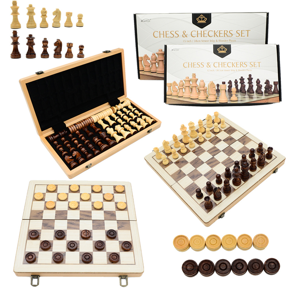 Two-in-one international chess checkers wooden board game toys with double back, non-magnetic for export