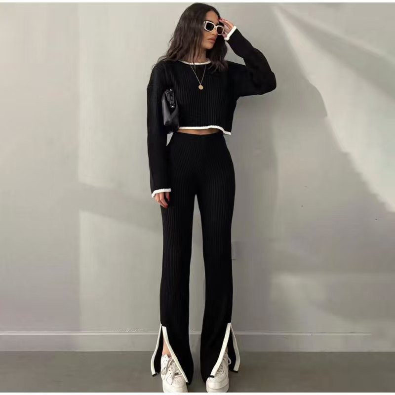 In stock for autumn and winter, new cross-border Russian long-sleeved sweater sets, knitted tops and long pants sets for women details Picture