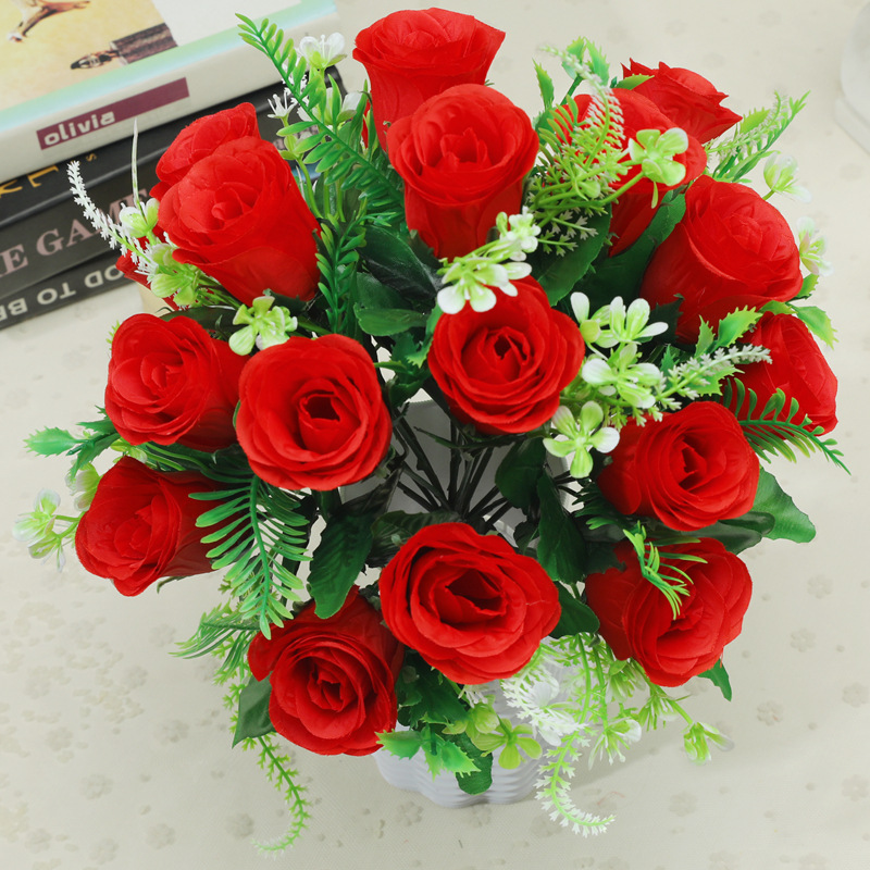 仿真玫瑰假花套装18头多情玫瑰湿感舞蹈手捧花客厅摆设装饰绢花