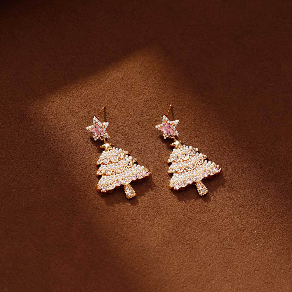 Hyacinth Douyin's best-selling Christmas tree earrings for women, a light and luxurious pink zircon high-end look, 2025 new style details Picture