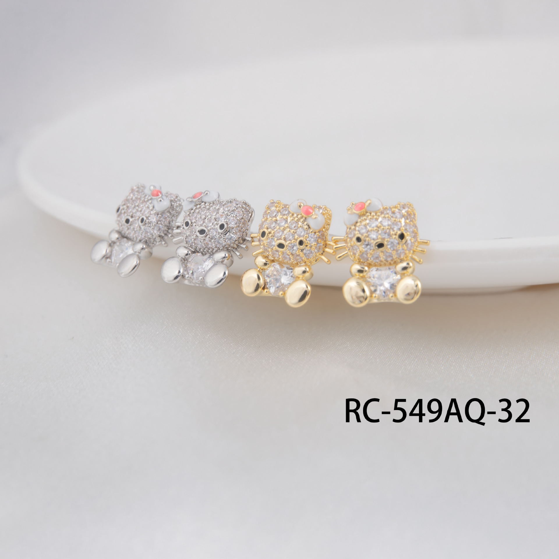 韩版铜镀真金S925银针可爱猫耳钉甜美小猫耳钉微镶锆石精致耳饰品