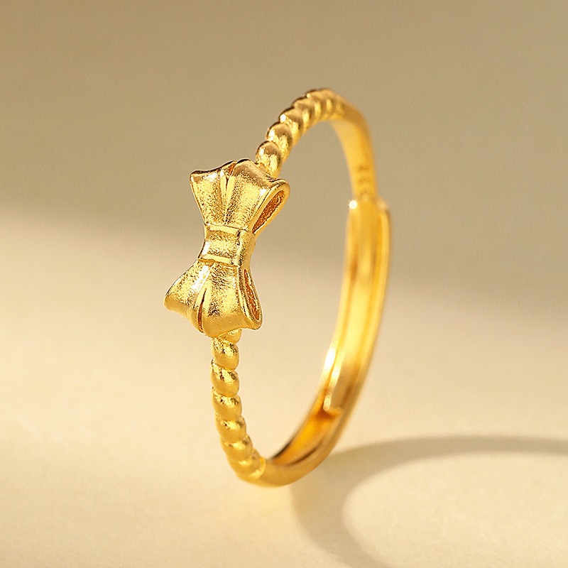 Women's simple sand gold bow ring, copper gold-plated, fashionable, versatile, high-end, light luxury open ring