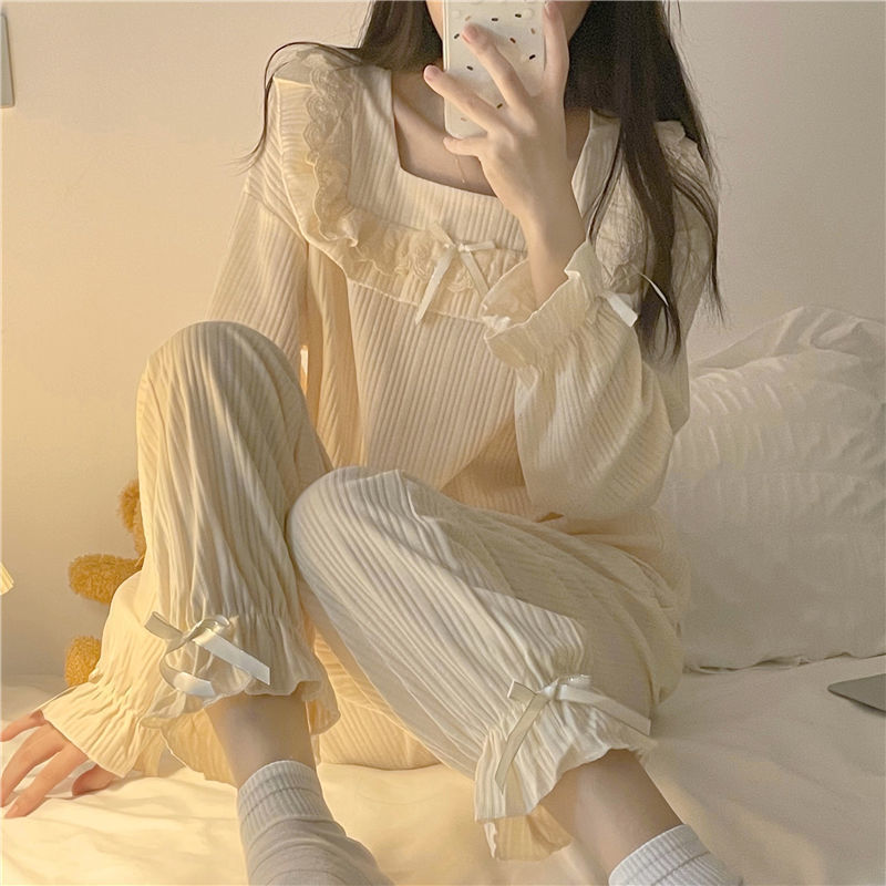 Sweet Korean cross-border princess-style long-sleeved pajamas, women's bow, sweet wechat business influencer live-streaming, and trendy home wear Specification image