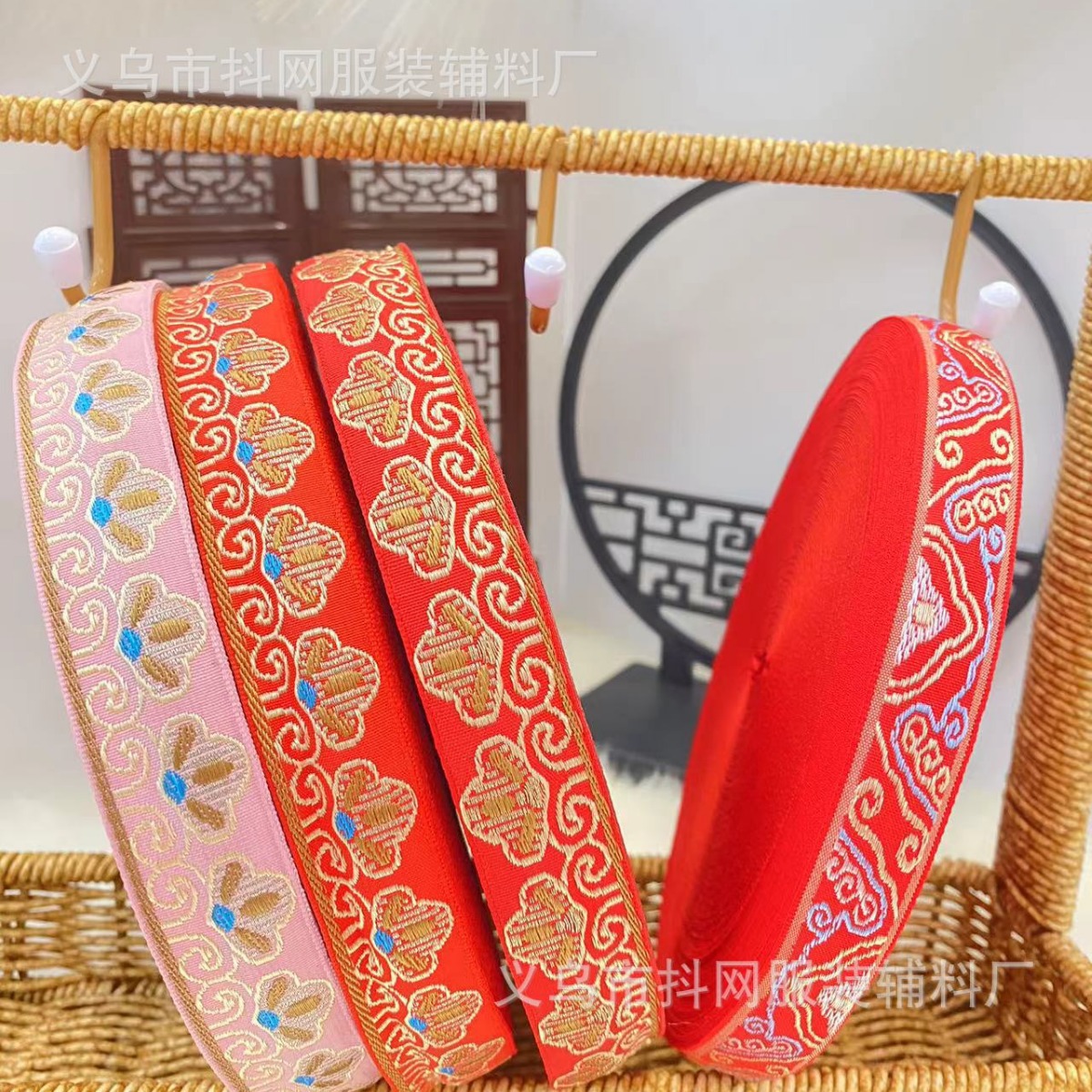 2.0- 2.5cm, bright red, festive, ethnic-style jacquard embroidery, webbing, wedding dress, hair accessories, headwear, performance costume accessories
