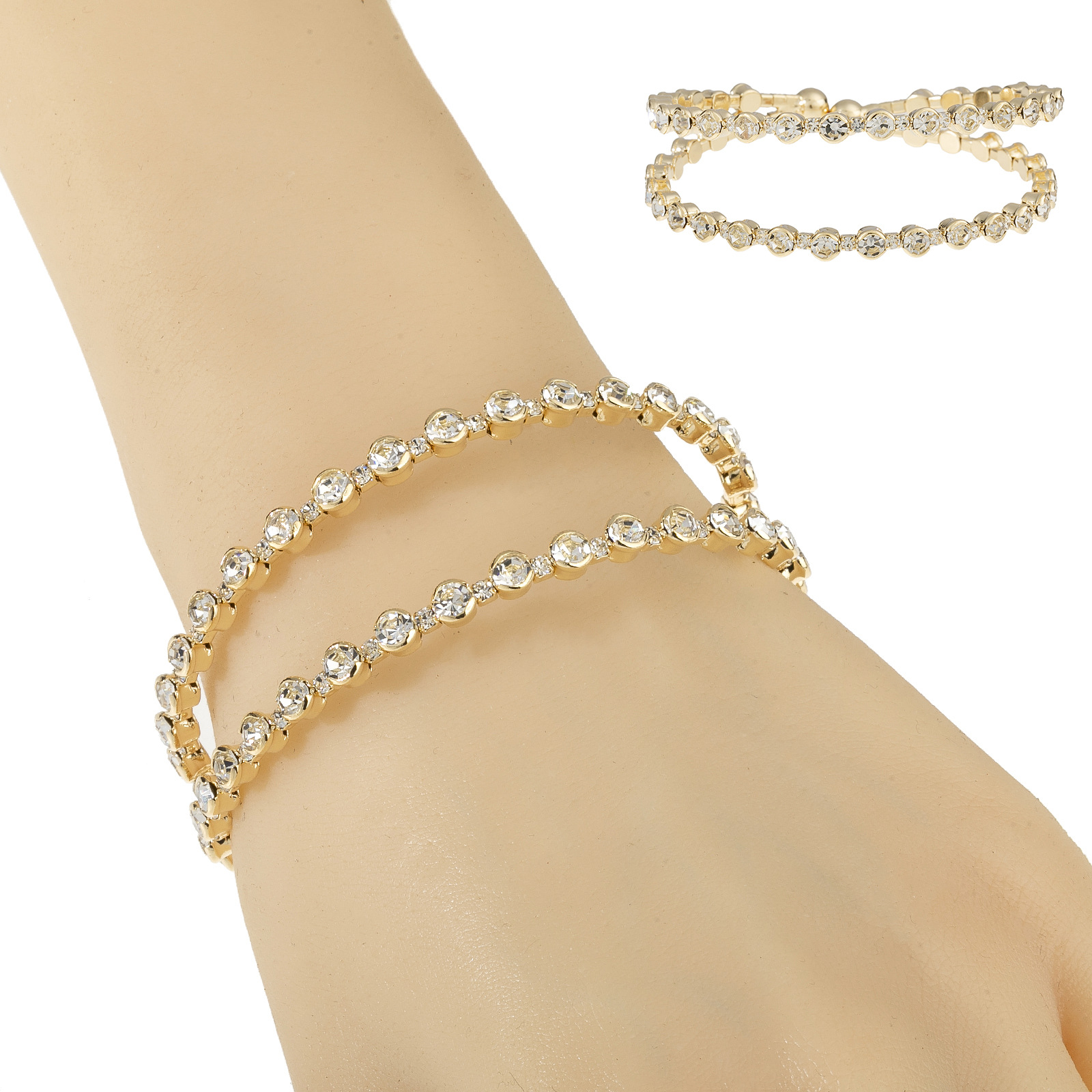 Wholesale cross-border European and American 2-row steel wire elastic rhinestone open bracelet for women, creative design sense diamond-encrusted jewelry details Picture