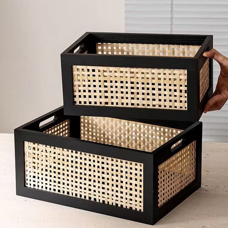 越南藤编收纳筐手工实木美式高档编织篮茶几杂物盒桌面收纳框篮子细节图