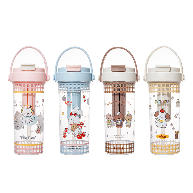 Cute double-drinking straw cup, portable high appearance level student water cup, gift cup wholesale, new cartoon tea strapping plastic cup Item Picture