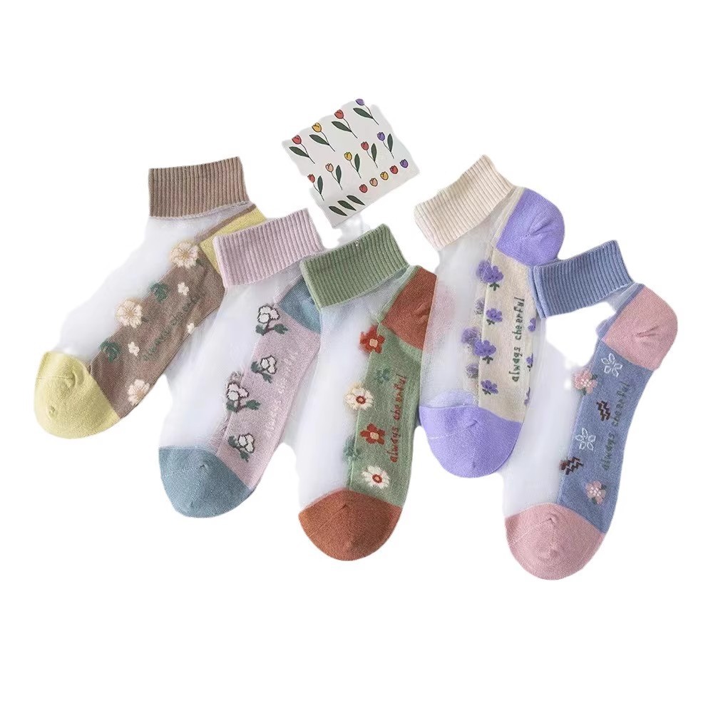 Summer ice silk socks, children's short crystal socks, glass silk short socks, embroidered silk boat socks, ultra-thin breathable anti-snagging silk Item Picture