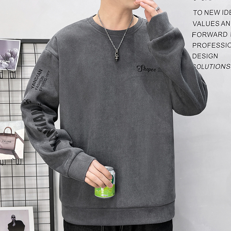 Men's long-sleeved T-shirt, spring and autumn trendy brand ins round-neck suede printed sweatshirt, men's base layer shirt, top for teenagers details Picture