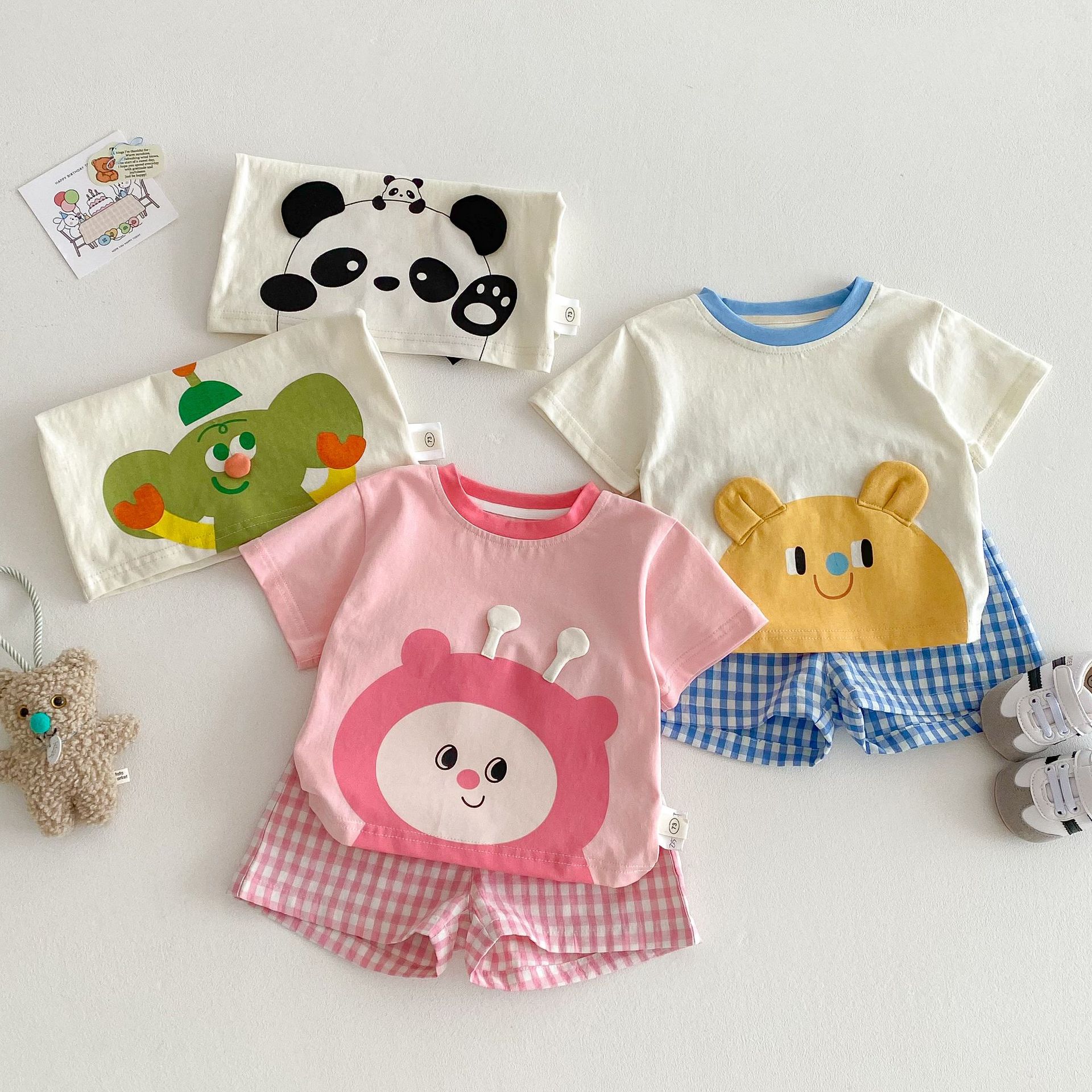 儿童卡通套装小左小右夏季女童洋气短袖T恤薄男童格子短裤两件套