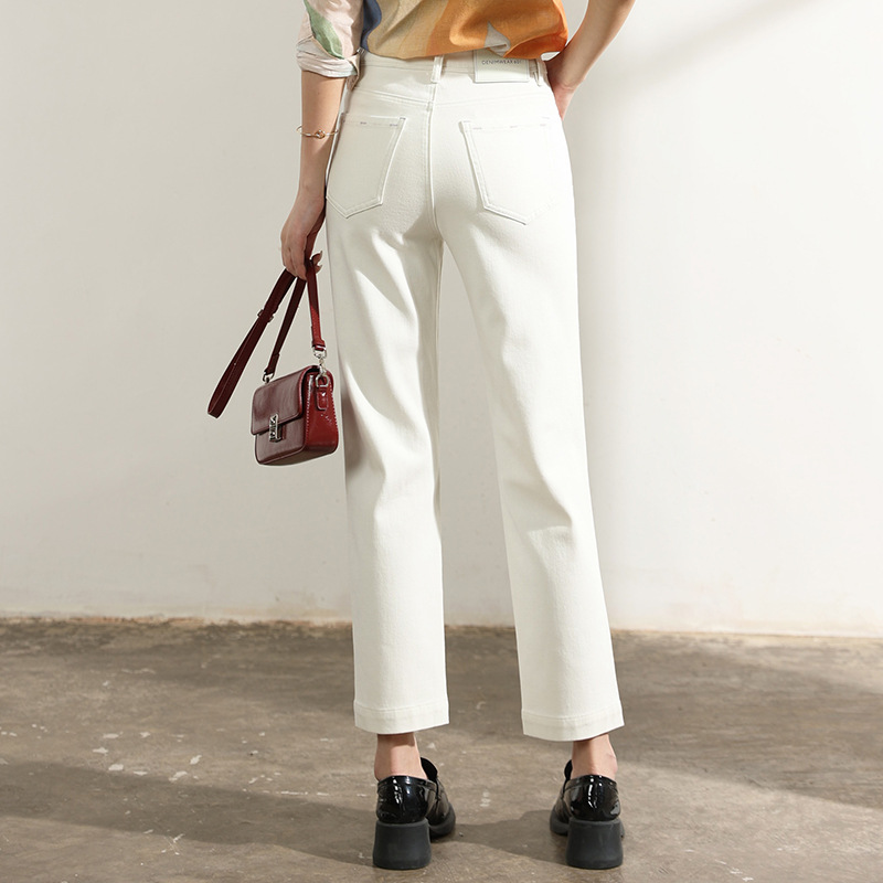 Factory direct sales of new versatile and simple beige cigarette pants, women's four-sided elastic straight jeans, and women's 9-inch pants Specification image