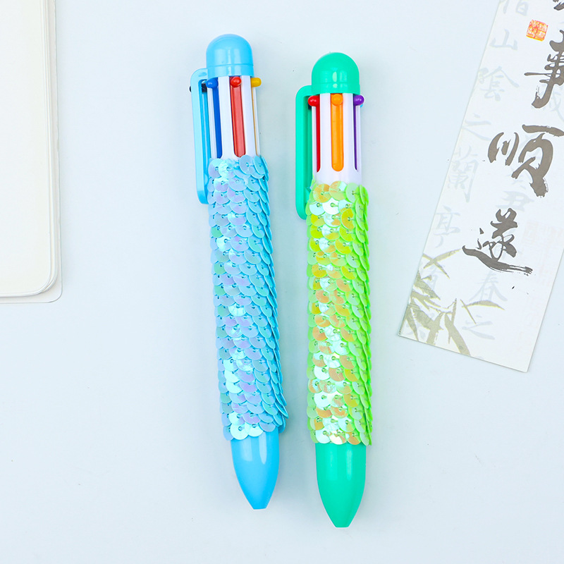 Creative fish-scale sequined six-color ballpoint pen, colored pen barrel, press multi-color pen, student highlighting key points, colored planner pen details Picture