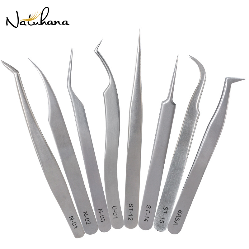 shanilak's ultra-precision eyelash extension tweezers in silver N, ST, 6ASA, and U series can be used for multiple or single extensions
